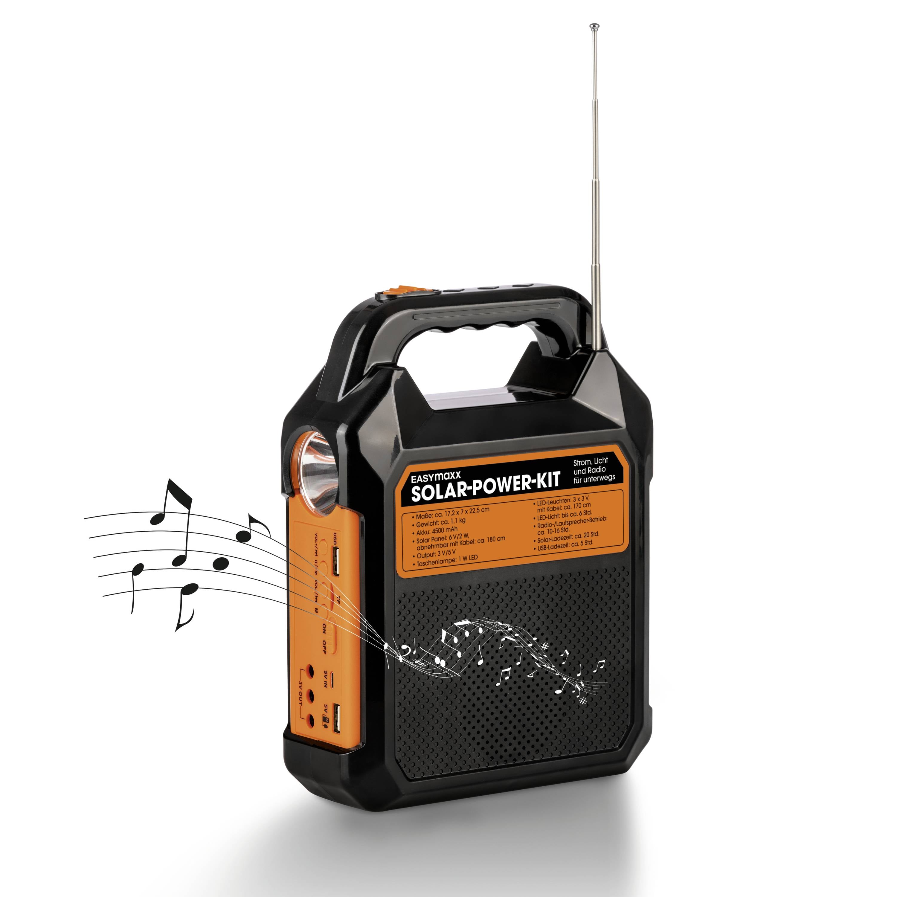 Tragbares Solar-Power-Kit mit eingebautem Radio, schwarzes Gehäuse mit orangefarbenen Akzenten, ausziehbare Antenne und Musiknoten.