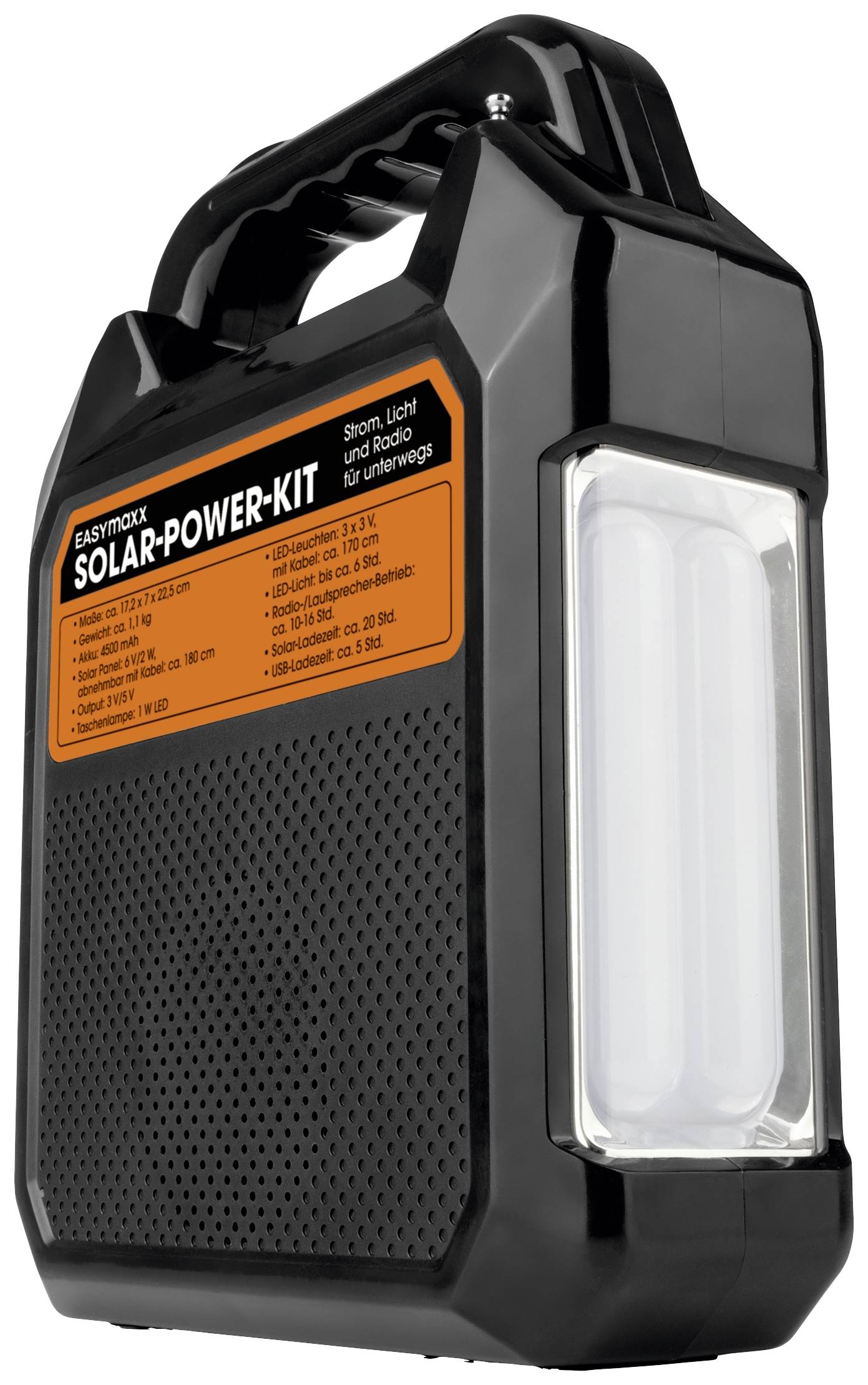 Schwarzes Solar-Power-Kit mit Griff und orangefarbener Beschriftung. Funktionen: Strom, Licht und Radio für unterwegs.
