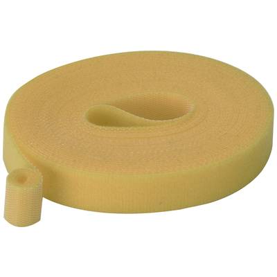 Eine gelbe Rolle Klettverschlussband, aufgerollt, mit einem kleinen herausragenden Stück am Ende. Geeignet für vielseitige Anwendungen.