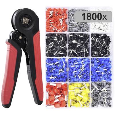 Crimpzange mit 1800 farbigen Aderendhülsen in einer Box. Farben umfassen Schwarz, Blau, Rot, Gelb und Grau.