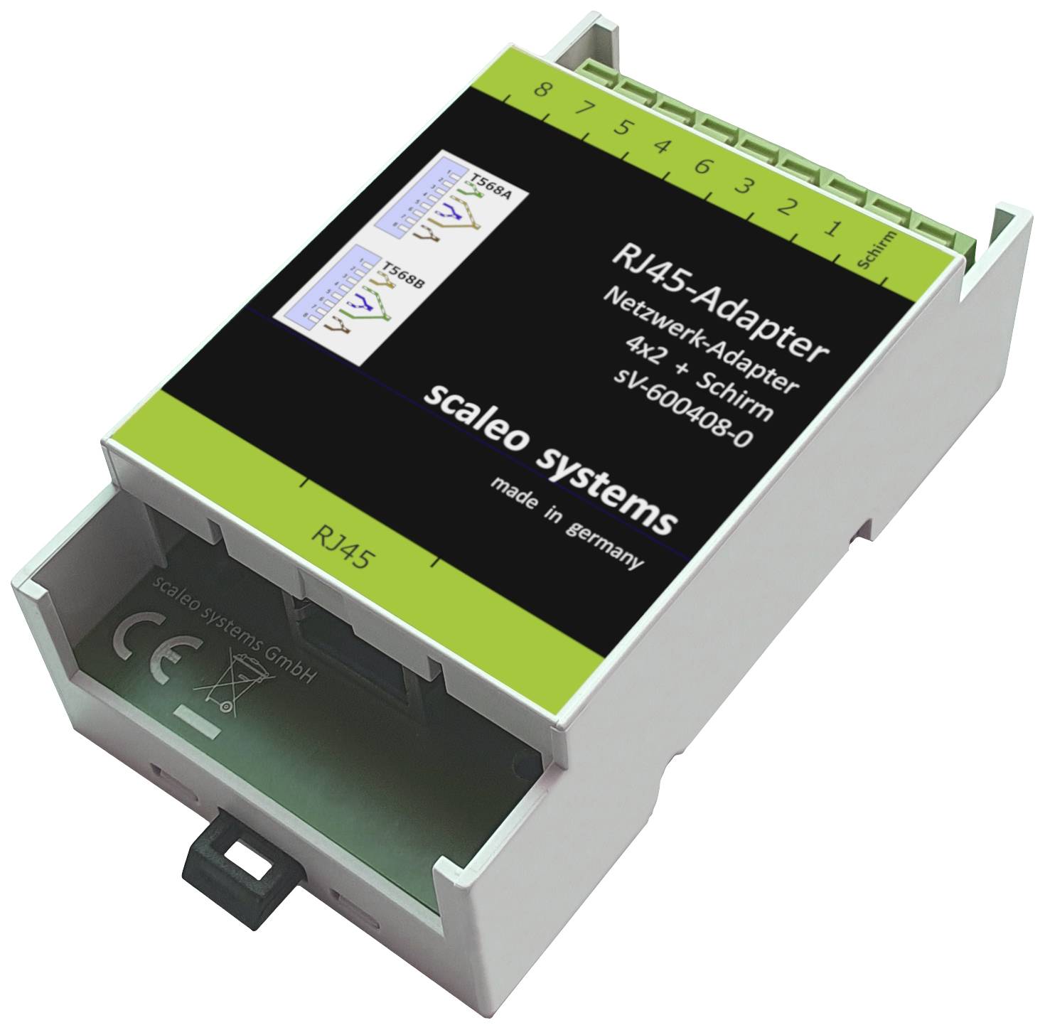 Netzwerk-Adapter RJ45 von Scaleo Systems, Modell sV-600408-0, geeignet für 4x2-Schirm. Hersteller: Scaleo Systems, 'Made in Germany'.