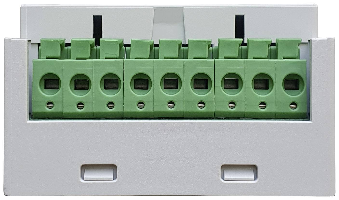 Elektrische Klemmleiste mit sechs grünen Anschlussklemmen auf grauem Gehäuse zur Verdrahtung in elektrischen Schaltschränken.