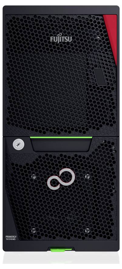 Ein schwarzer Server-Tower von Fujitsu mit einem modernen Design, beleuchtetem Logo und grünem LED-Streifen an der Unterseite.