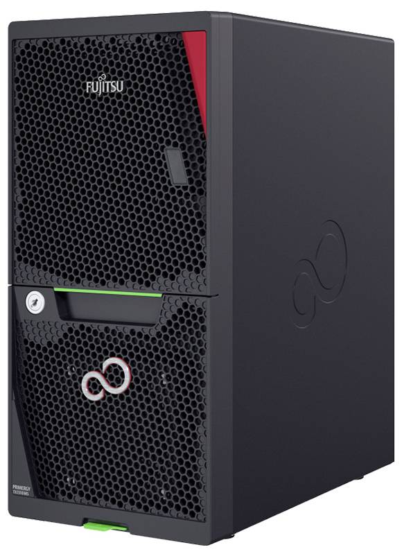 Schwarzer Fujitsu Computer-Tower mit Wabenmuster auf der Vorderseite und Fujitsu-Logo, geeignet für professionelle IT-Infrastruktur.