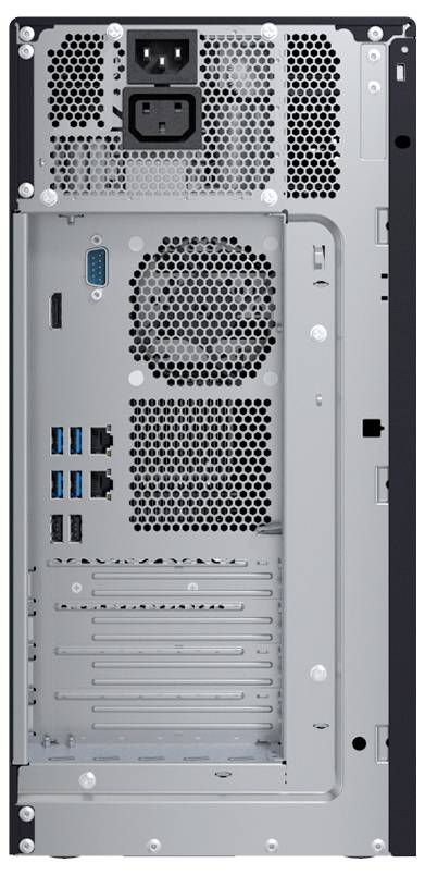 Rückseite eines Computergehäuses mit Lüftungsgitter, mehreren USB-Anschlüssen, einem VGA-Anschluss und Schlitzen für Erweiterungskarten.