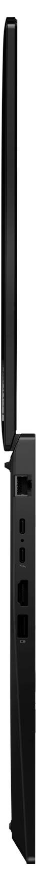 Geschlossenes schwarzes Laptop, Seitenansicht zeigt Scharniere und Anschlüsse auf der linken Seite.
