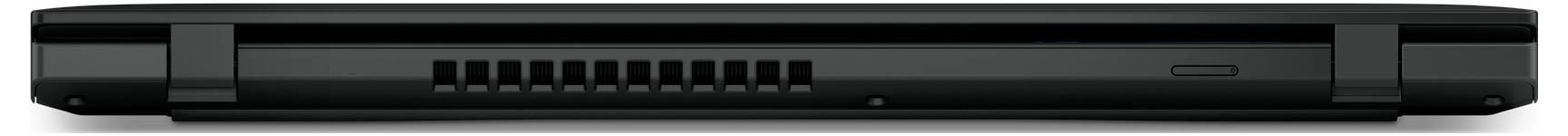 Ein schwarzer Laptop ist von hinten zu sehen, wobei die Lüftungsschlitze und Anschlüsse entlang des Gehäuses sichtbar sind.