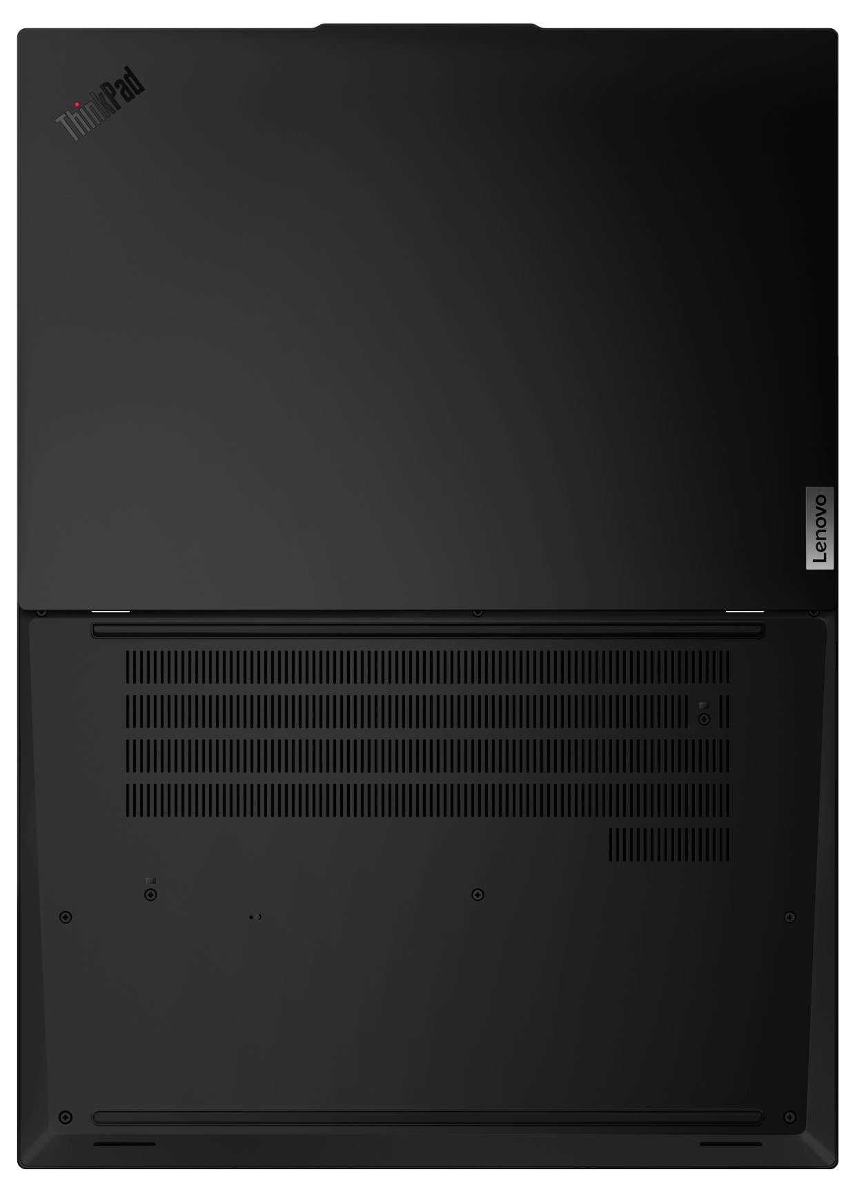 Der schwarze Laptop zeigt eine unmarkierte Rückseite mit Belüftungsschlitzen und einem Lenovo-Logo in der oberen rechten Ecke.