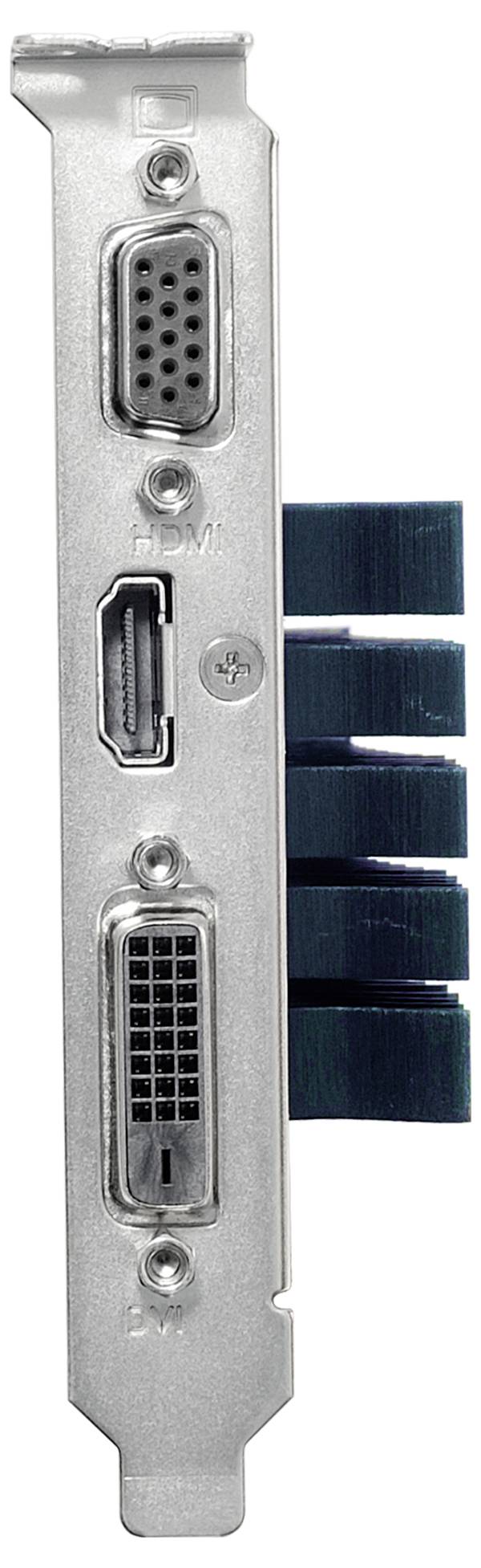 Eine Grafikkarte mit VGA-, HDMI-, DisplayPort- und DVI-Anschlüssen, geeignet für den Anschluss verschiedener Monitore.