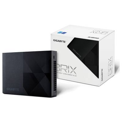 Kleiner schwarzer Gigabyte BRIX Mini-PC neben seiner Verpackung. Die Box zeigt das Logo und das kompakte Design des Geräts.