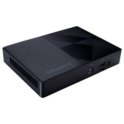 Ein schwarzes GIGABYTE-Mini-PC mit rechteckiger Form, Lüftungsschlitzen auf der Seite und Anschlüssen vorne.