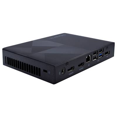 Ein kompakter Computer mit mehreren Anschlüssen: HDMI, USB, Ethernet und Audio. Gehäuse schwarz mit dezentem Muster.
