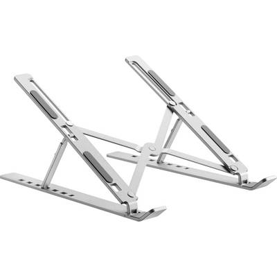 Ein silberner, verstellbarer Laptopständer mit mehreren Rillen zur Höhenverstellung, entwickelt zur Verbesserung der Luftzirkulation und Ergonomie während der Nutzung.