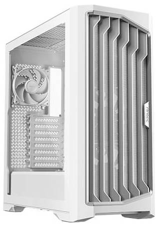 Weiße Computer-Gehäuse mit durchsichtiger Seitenwand, sichtbarem Lüfter und Lüftungsschlitzen an der Vorderseite.