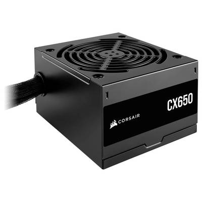 Schwarzes Corsair CX650 Netzteil mit Lüftergitter und integriertem Kabelmanagement, geeignet für Desktop-PCs.