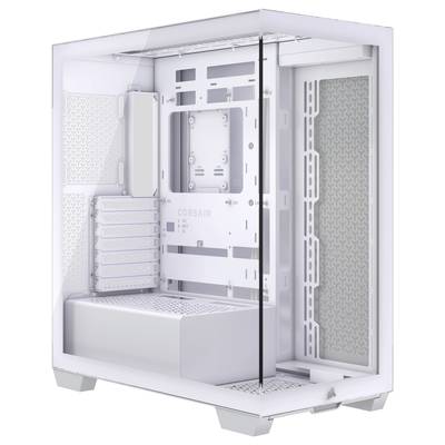 Ein weißes Computergehäuse mit Glasseitenwand, zeigt Innenraum mit freiem Platz für Komponenten wie Mainboard und Lüfterinstallation.