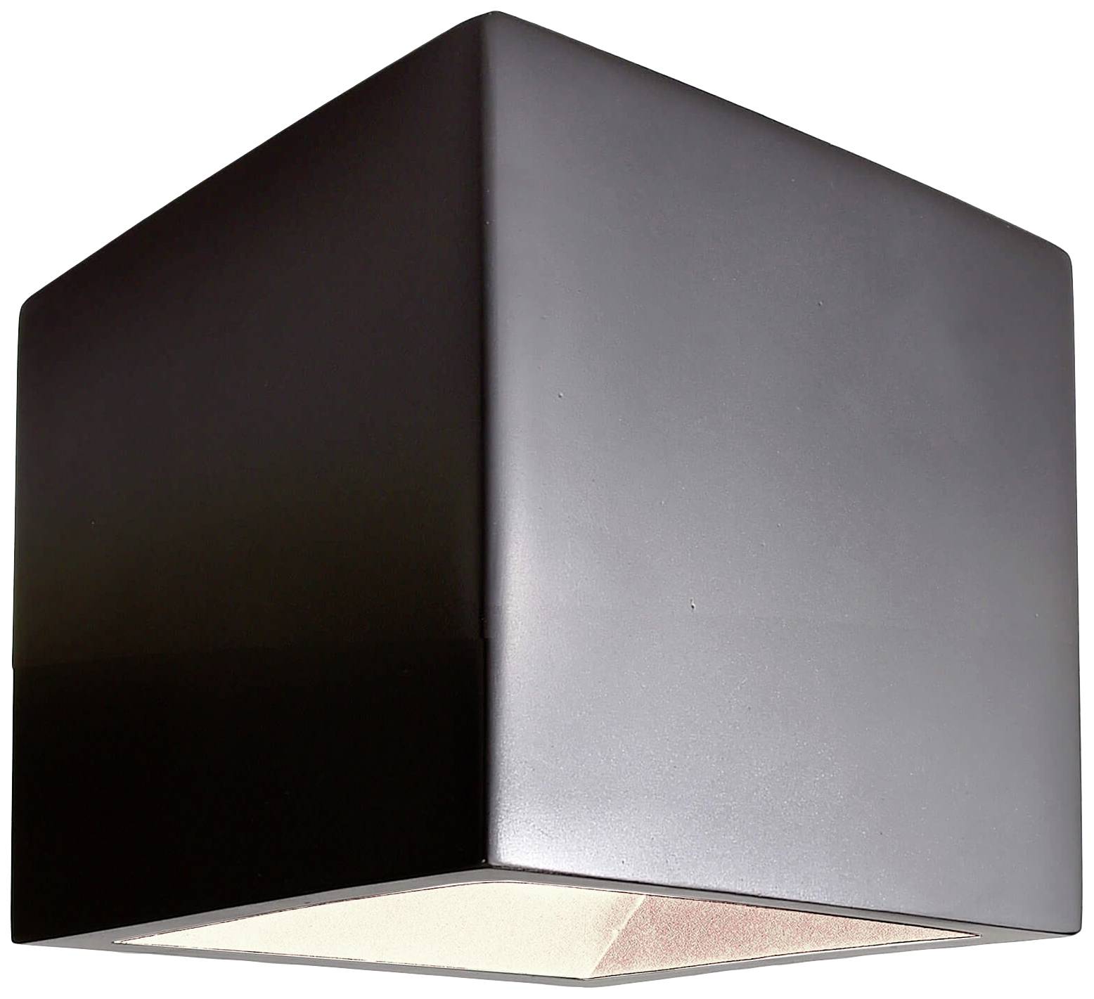 Cubische Wandlampe mit schwarzer Metalloberfläche, die nach unten gerichtet leuchtet. Ideal für moderne Innenräume.