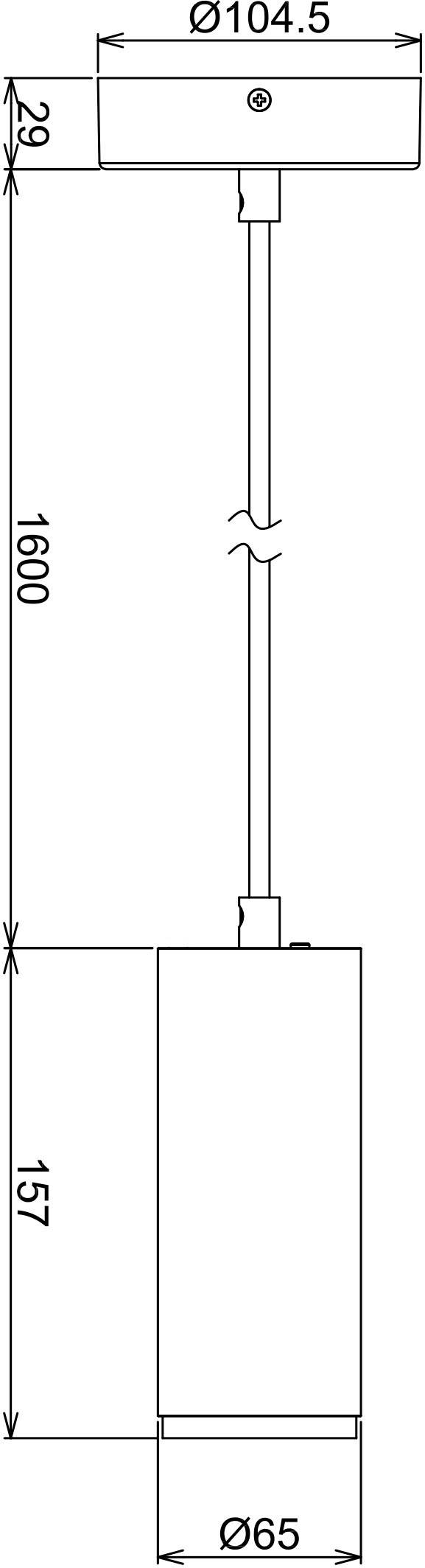 Technische Zeichnung einer zylindrischen Hängeleuchte. Maße sind angegeben: Gesamtlänge 1800 mm, Durchmesser Basis 104,5 mm, Leuchtenkörper 65 mm, Höhe des Körpers 157 mm.