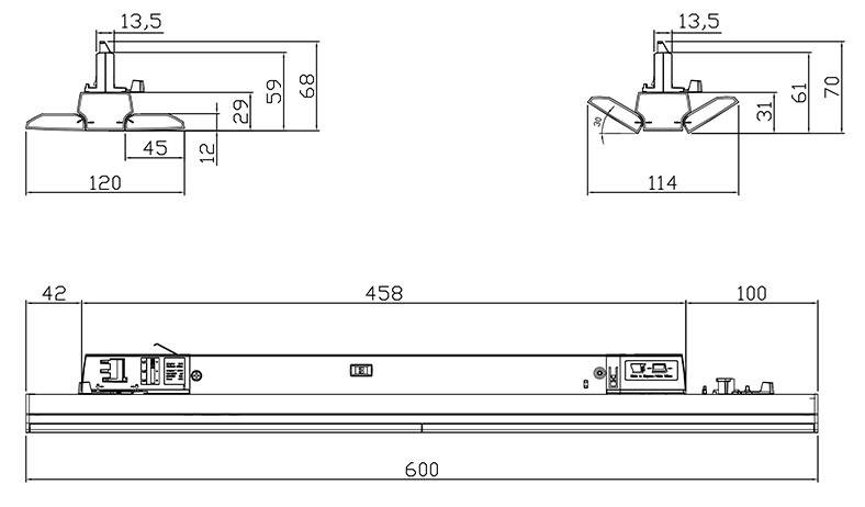 Technische Zeichnung einer Lampe mit Maßen in Millimetern seitlich und von oben. Anzeigen der Abmessungen: 600 mm Länge, 42 mm Breite.