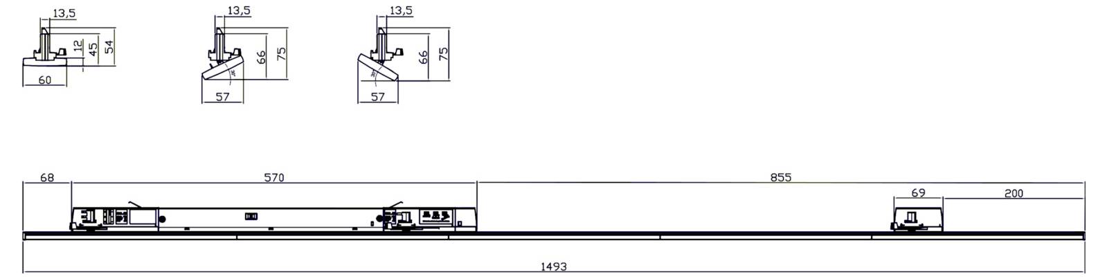 Technische Schienenzeichnung mit einer langen waagerechten Gleisstrecke, drei Fahrzeugpositionen und Maßangaben, darunter die Längen 1493, 572, 855, 200, 60, 57 und 13,5.