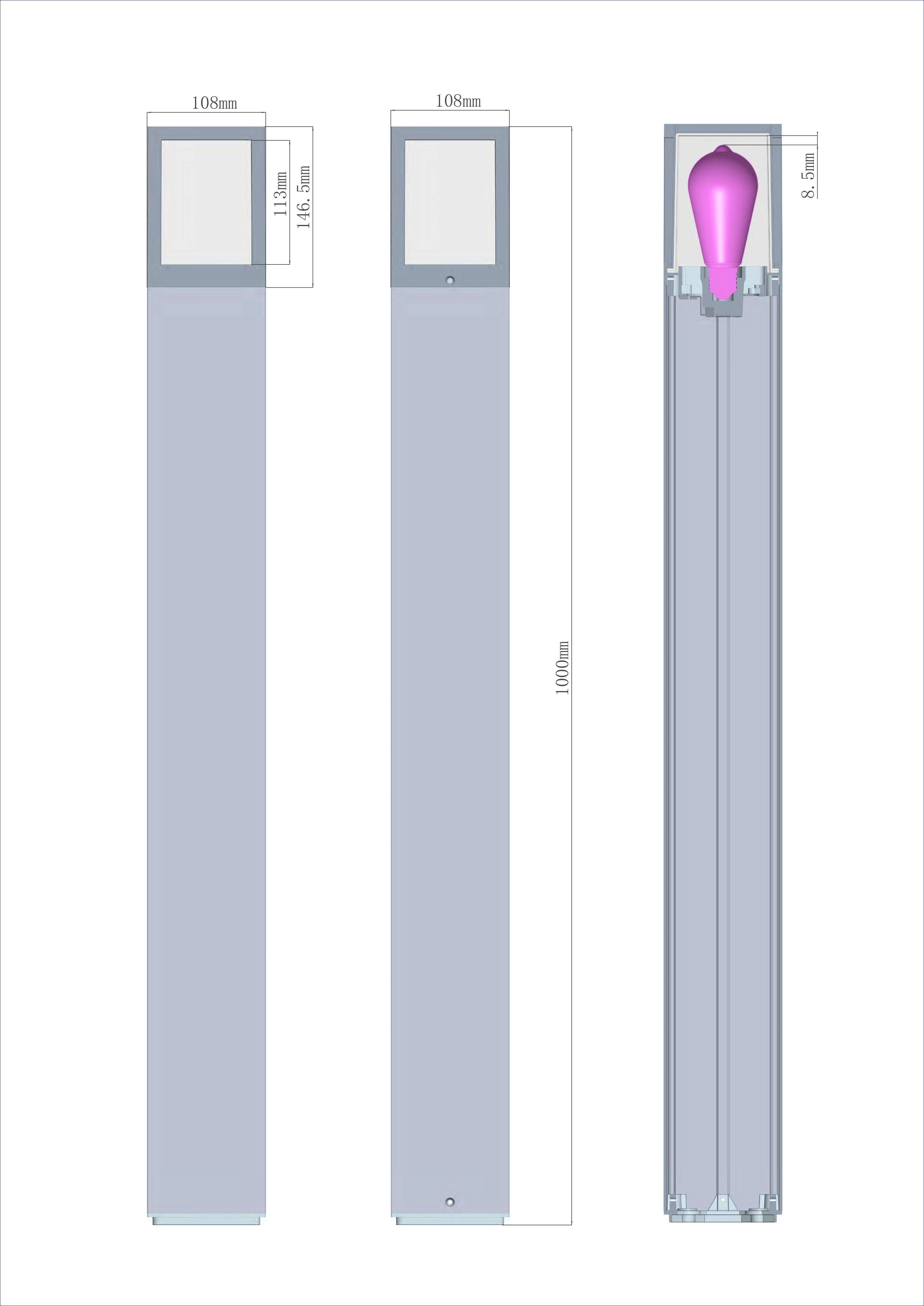 Dreiansicht-Diagramm eines langen rechteckigen Behälters mit Abmessungen. Eine Ansicht zeigt ein inneres Objekt, das wie ein lila Prisma aussieht.