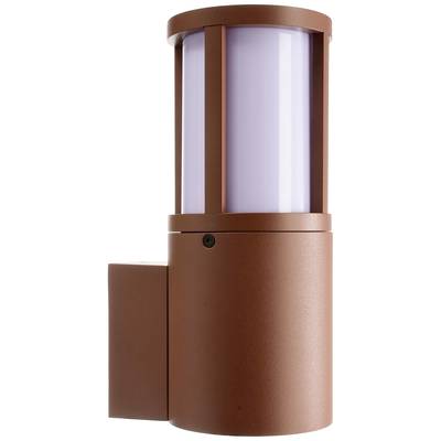 Braune zylinderförmige Wandlampe mit vertikalem weißen Lichtstreifen, modern und minimalistisch gestaltet für den Außenbereich.