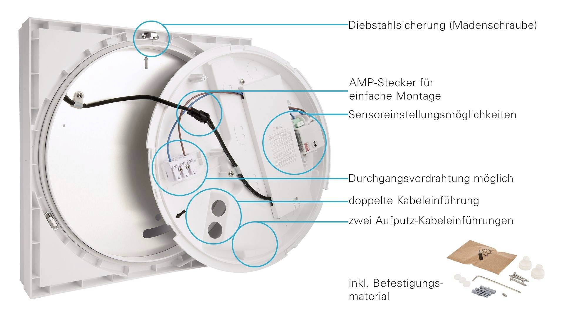 'Rundluminaire Rückseite zeigt Diebstahlsicherung, Drahtverbinder, Sensoreinstellungen, Verkabelungsoptionen und Montagematerial.'