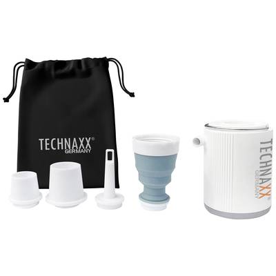 Tragbare Waschmaschine mit Zubehör und Transportbeutel, Markenname 'TECHNAXX GERMANY'. Geeignet für Camping oder Reisen.
