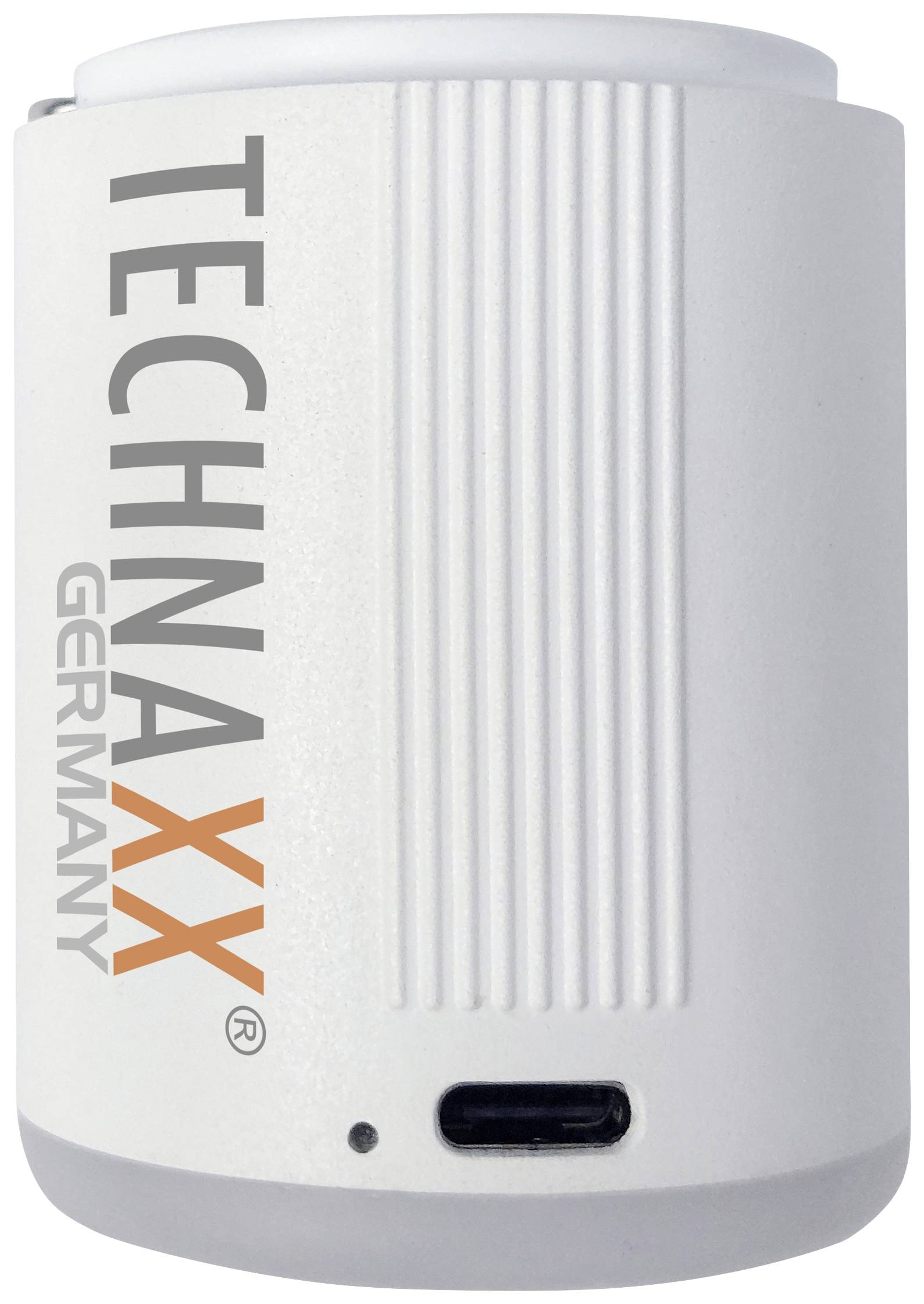 Ein weißer tragbarer Bluetooth-Lautsprecher mit dem Aufdruck 'TECHNAXX GERMANY'. Auf der Unterseite befindet sich ein USB-Anschluss.