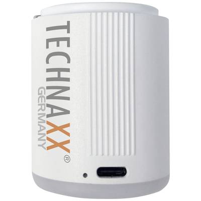 Ein weißer tragbarer Bluetooth-Lautsprecher mit dem Aufdruck 'TECHNAXX GERMANY'. Auf der Unterseite befindet sich ein USB-Anschluss.
