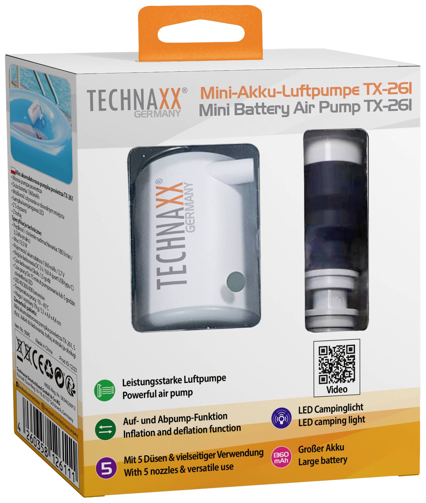 Verpackung einer Mini-Akku-Luftpumpe 'TECHNAXX Germany TX-261', mit LED-Licht und 5 Düsen. Ideal für Luftmatratzen und Camping.