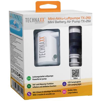 Verpackung einer Mini-Akku-Luftpumpe 'TECHNAXX Germany TX-261', mit LED-Licht und 5 Düsen. Ideal für Luftmatratzen und Camping.