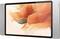 Tablet mit silbernem Rand und einem Display, das ein abstraktes, orangefarbenes Blumendesign zeigt.