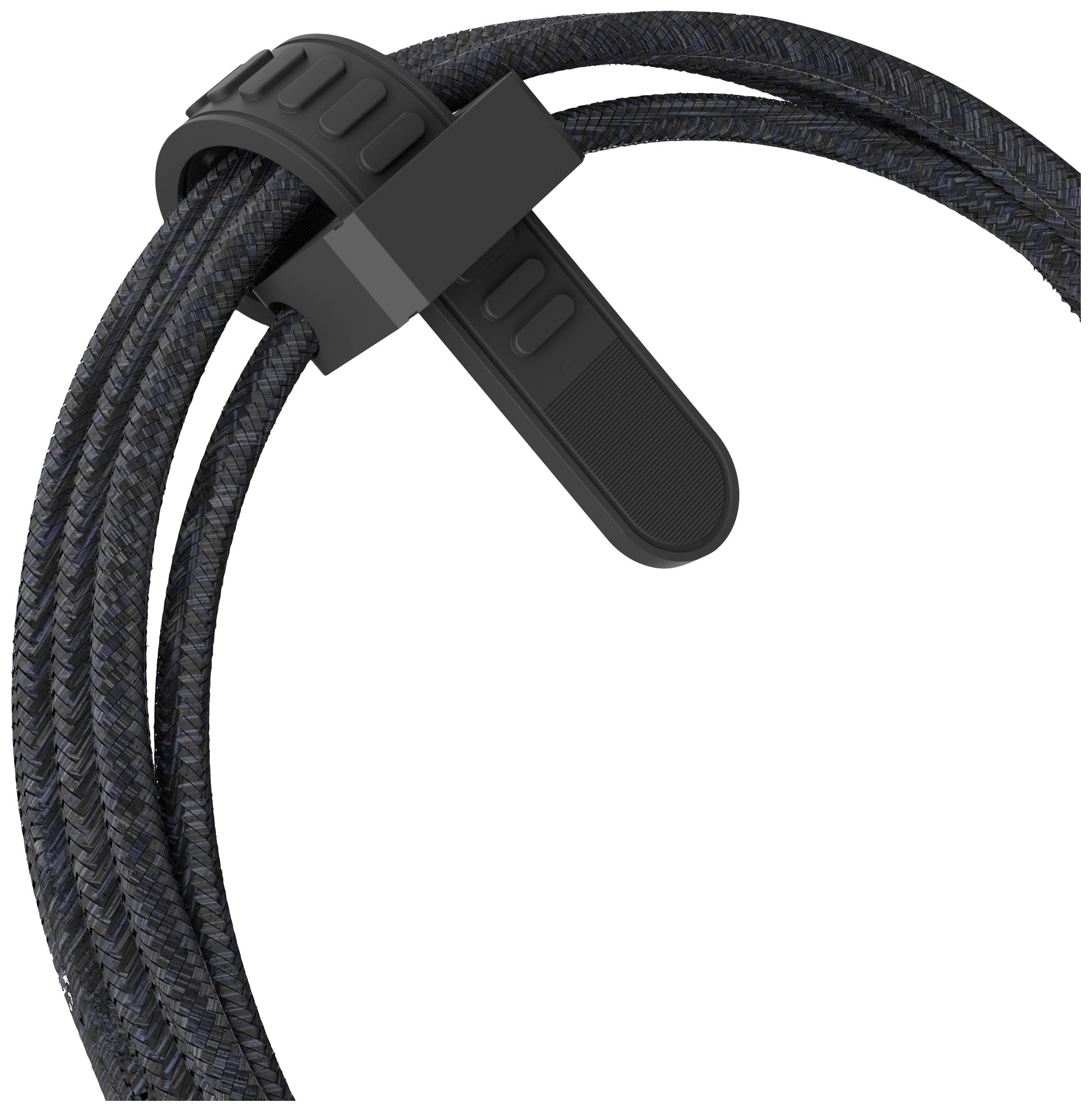 Ein geflochtenes schwarzes Kabel, ordentlich zusammengerollt und mit einem schwarzen Klettverschluss fixiert, vor weißem Hintergrund.