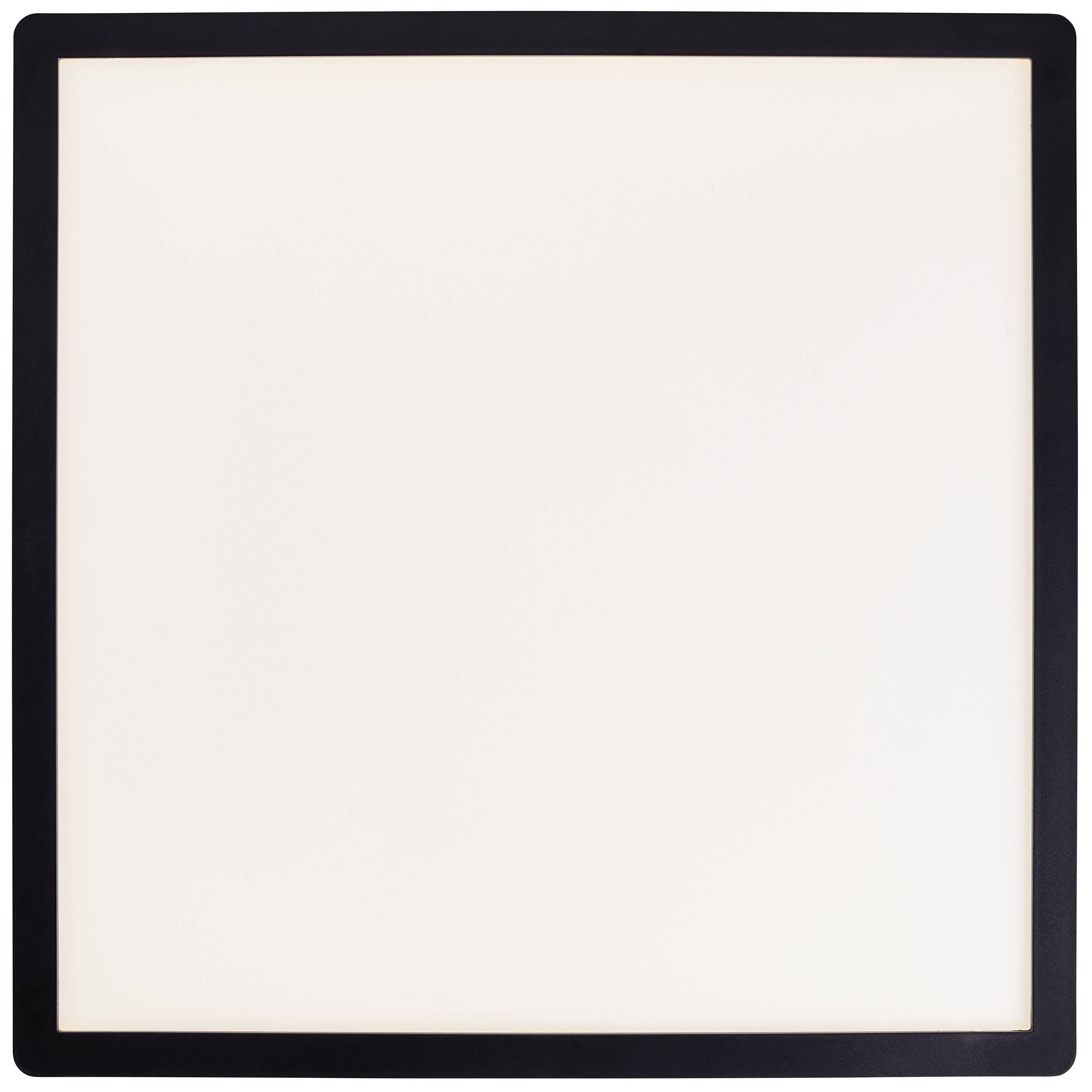 Ein quadratisches, flach leuchtendes LED-Panel mit schwarzem Rahmen. Das Licht ist gleichmäßig verteilt und erzeugt weiches, warmes Licht.