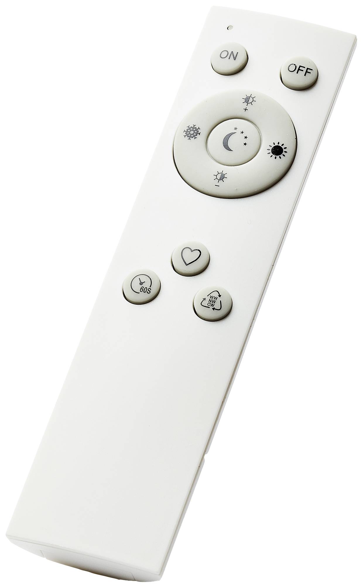 Weiße Fernbedienung mit Tasten für Ein/Aus, Temperaturregelung, Ventilatorgeschwindigkeit und Motiv-Tasten in Schnee- und Sonnenform.