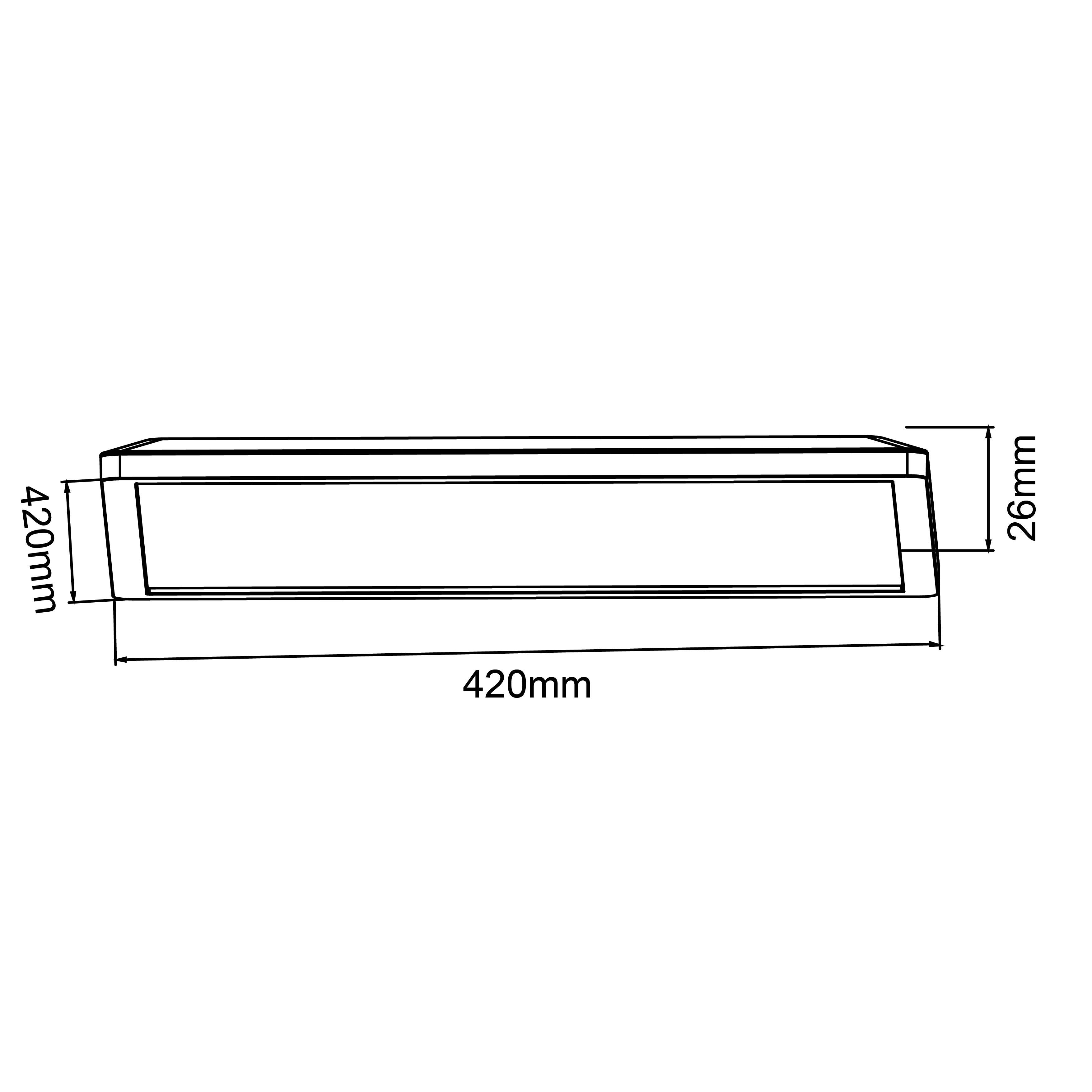 Technische Zeichnung eines rechteckigen Objekts mit den Maßen 420 mm x 420 mm x 26 mm, Draufsicht, Kanten hervorgehoben.