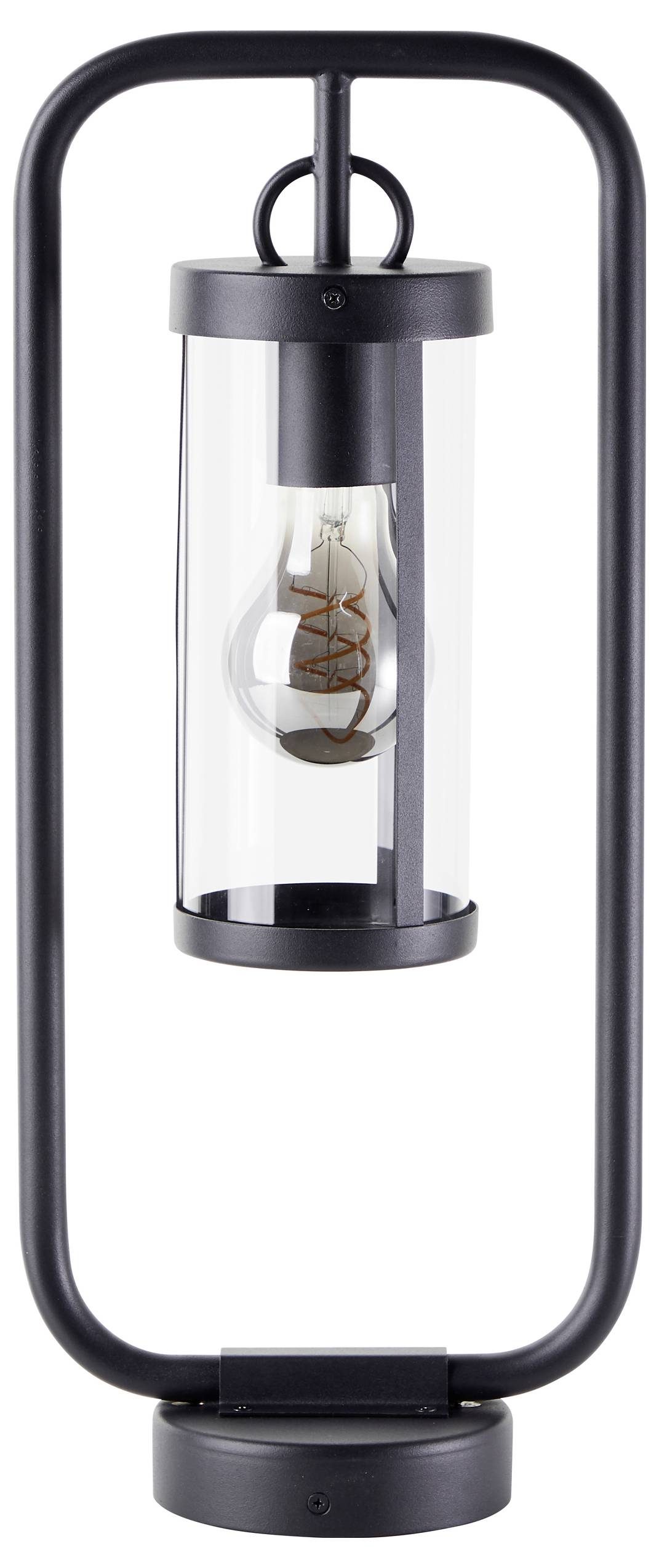 Eine schwarze, moderne Tischlampe mit Glaszylinder und sichtbarer Glühbirne in einem rechteckigen Rahmen. Minimalistisches Design.