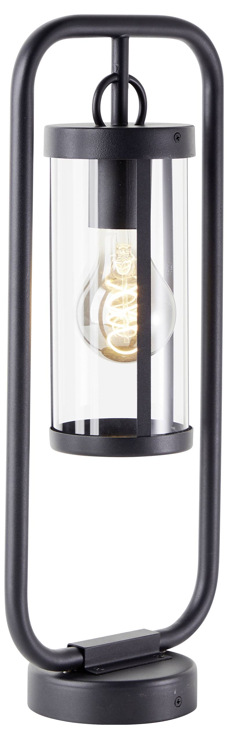 Moderne, schwarze Tischlampe mit gläsernem Zylinder und sichtbarer Glühbirne, die warmes Licht abstrahlt. Ideal für stilvolle Innenräume.