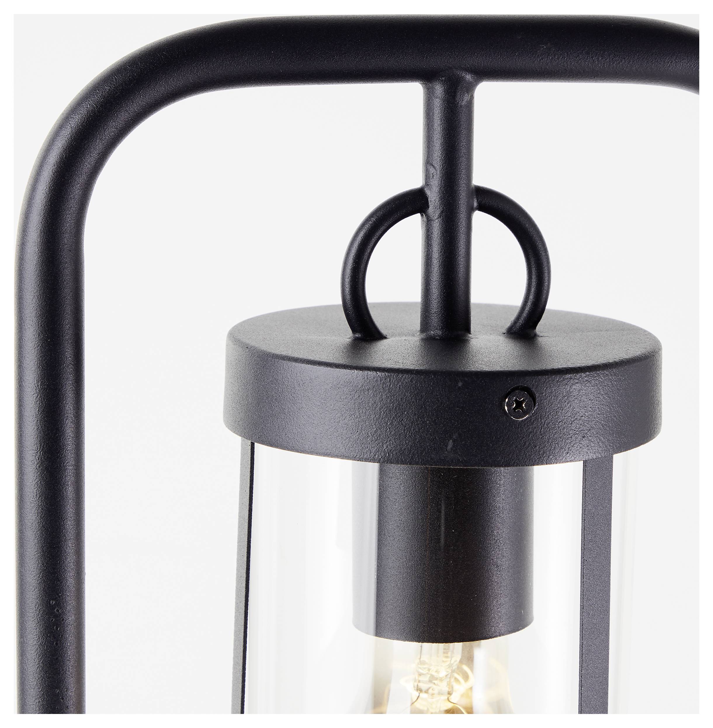 Schwarze Hängelampe im industriellen Stil mit Glaszylinder, der eine Glühbirne umgibt. Designer-Gefühl, modern und minimalistisch.