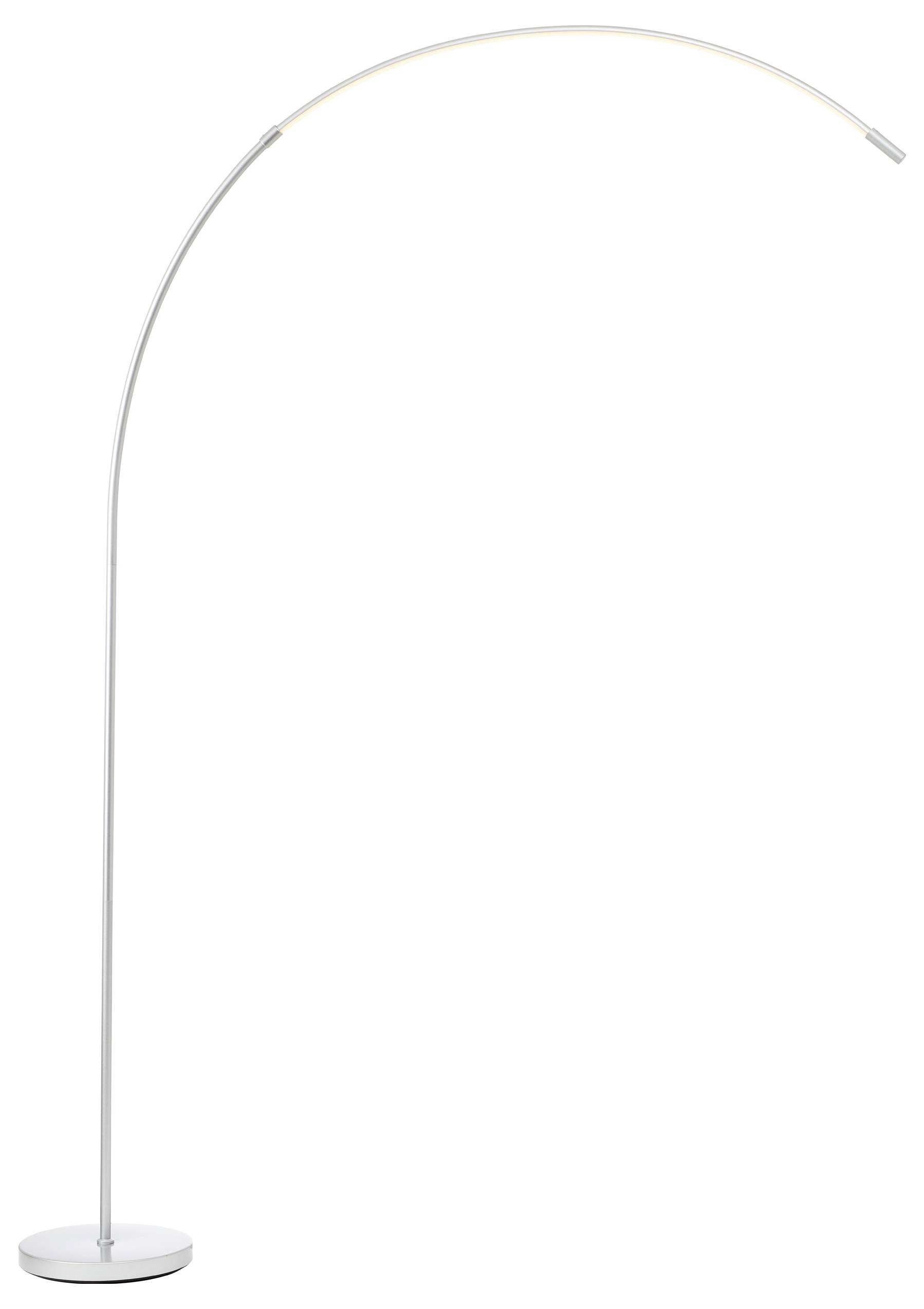 Stehlampe mit gebogenem, schlankem Ständer und rundem Sockel. Modernes Design mit minimalistischem Stil.