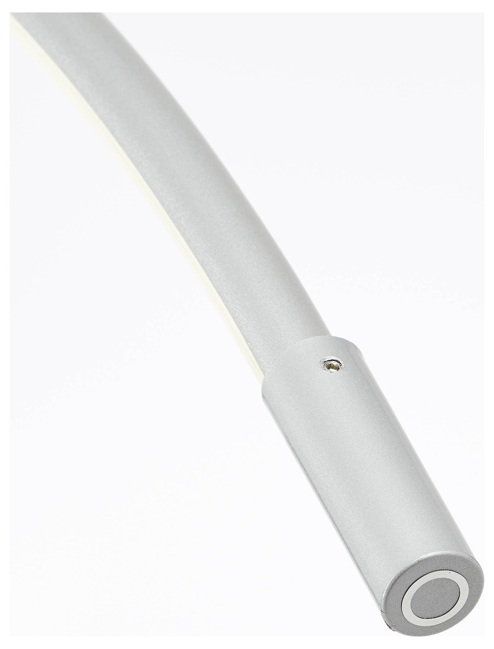 Ein graues, gebogenes, zylindrisches Metallteil mit einer Bohrung an einem Ende auf weißem Hintergrund.