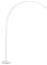 Schlanke, moderne Stehlampe mit gebogenem, schmalem, silbernem Arm und rundem Sockel. Ideal zur Beleuchtung in Wohnräumen.