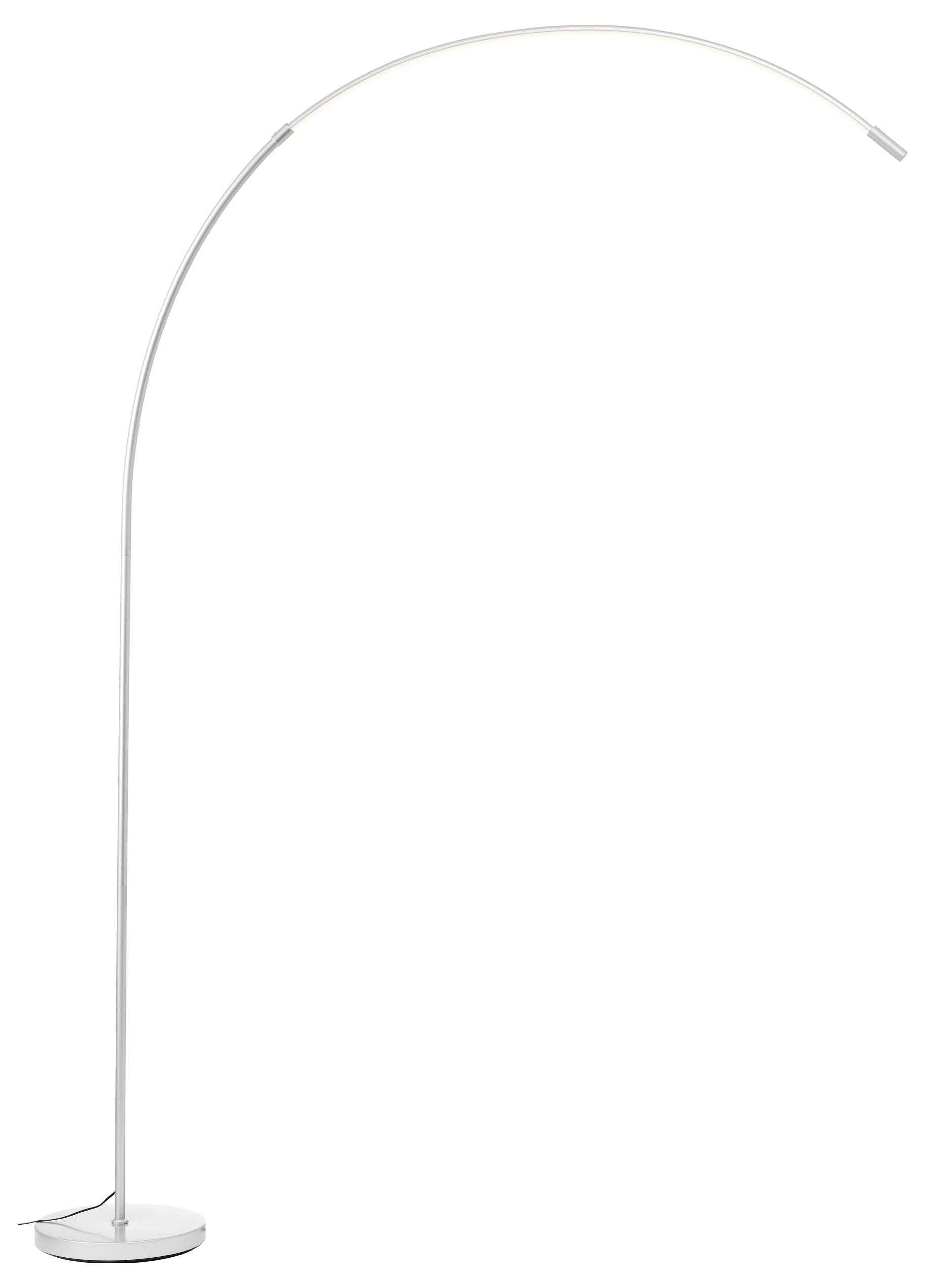 Eine hohe, schlanke, weiße Bogenlampe mit rundem Sockel steht aufrecht.