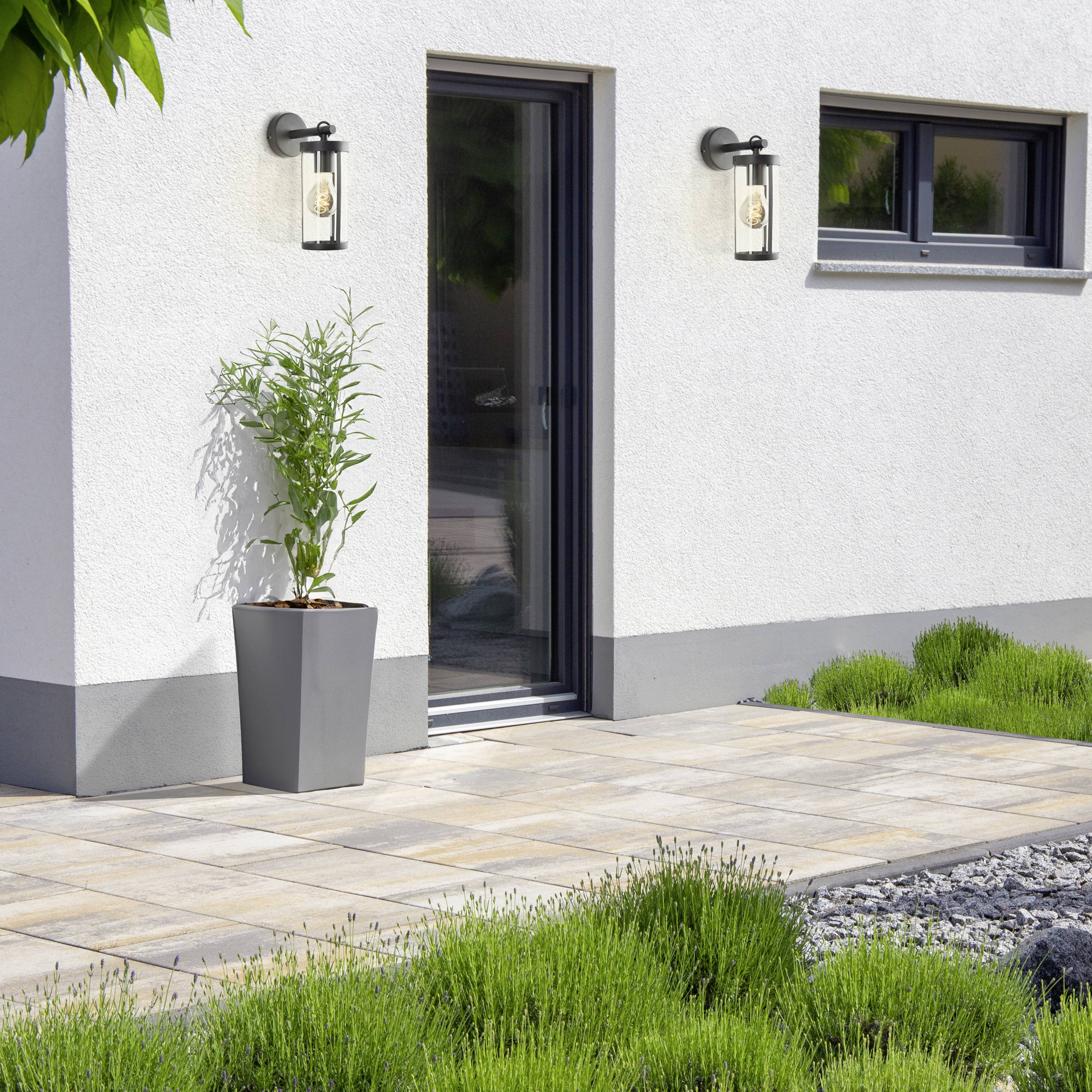 Ein moderner Hauseingang mit einer Tür aus Glas, flankiert von zwei Wandlampen. Ein hoher Pflanztopf mit Grünpflanze steht neben der Tür.