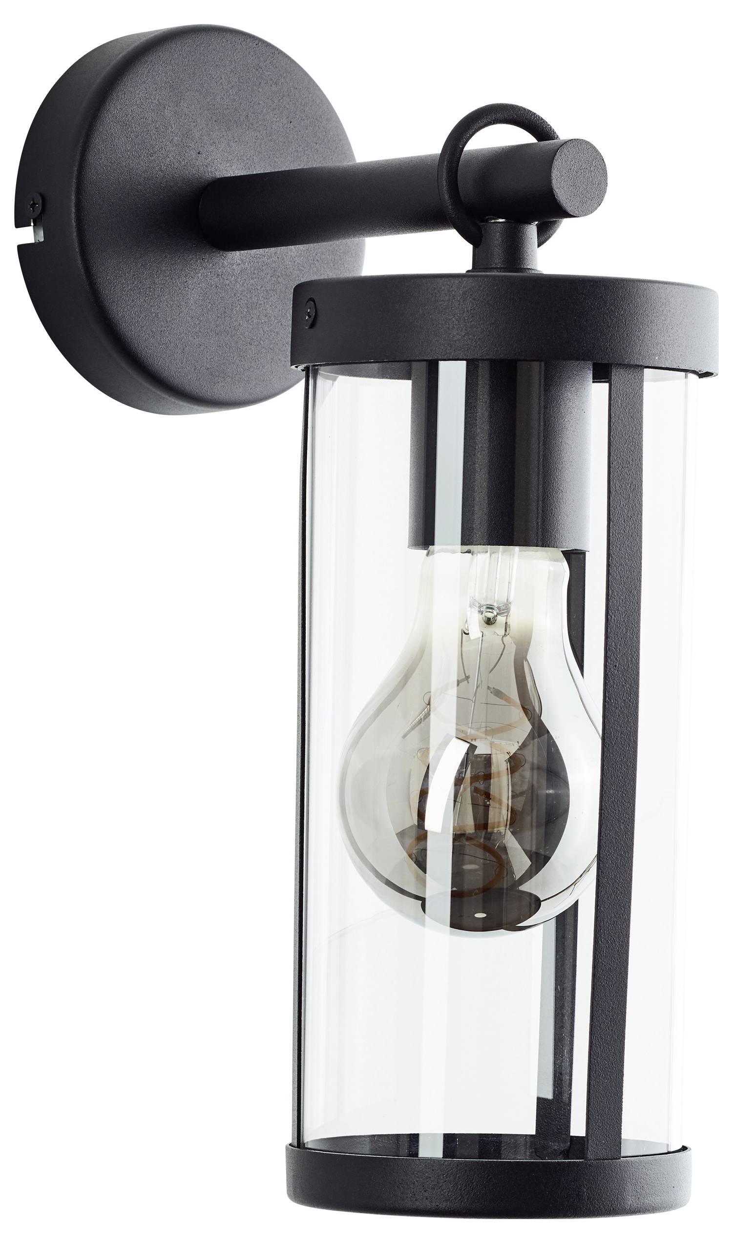 Schwarze Wandleuchte mit klarem Glaszylinder und sichtbarer Glühbirne, geeignet für moderne Innenraumgestaltung.