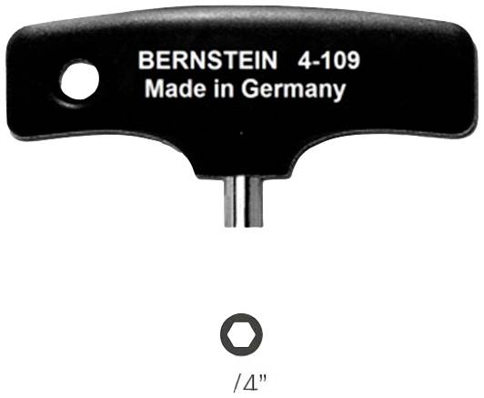 Handgriff in T-Form mit der Aufschrift 'BERNSTEIN 4-109 Made in Germany', darunter ein sechseckiger Einsatz. Werkzeug für Präzisionsarbeiten.