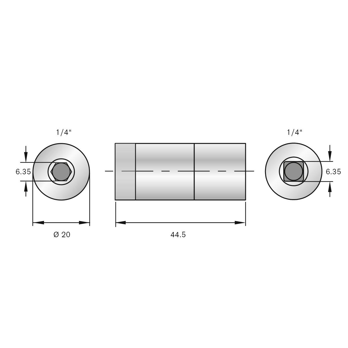 Technische Zeichnung eines Zylinders mit einem Durchmesser von 20 mm, Länge 44,5 mm, Bohrungen von 6,35 mm. Draufsichten und Seitenansicht.