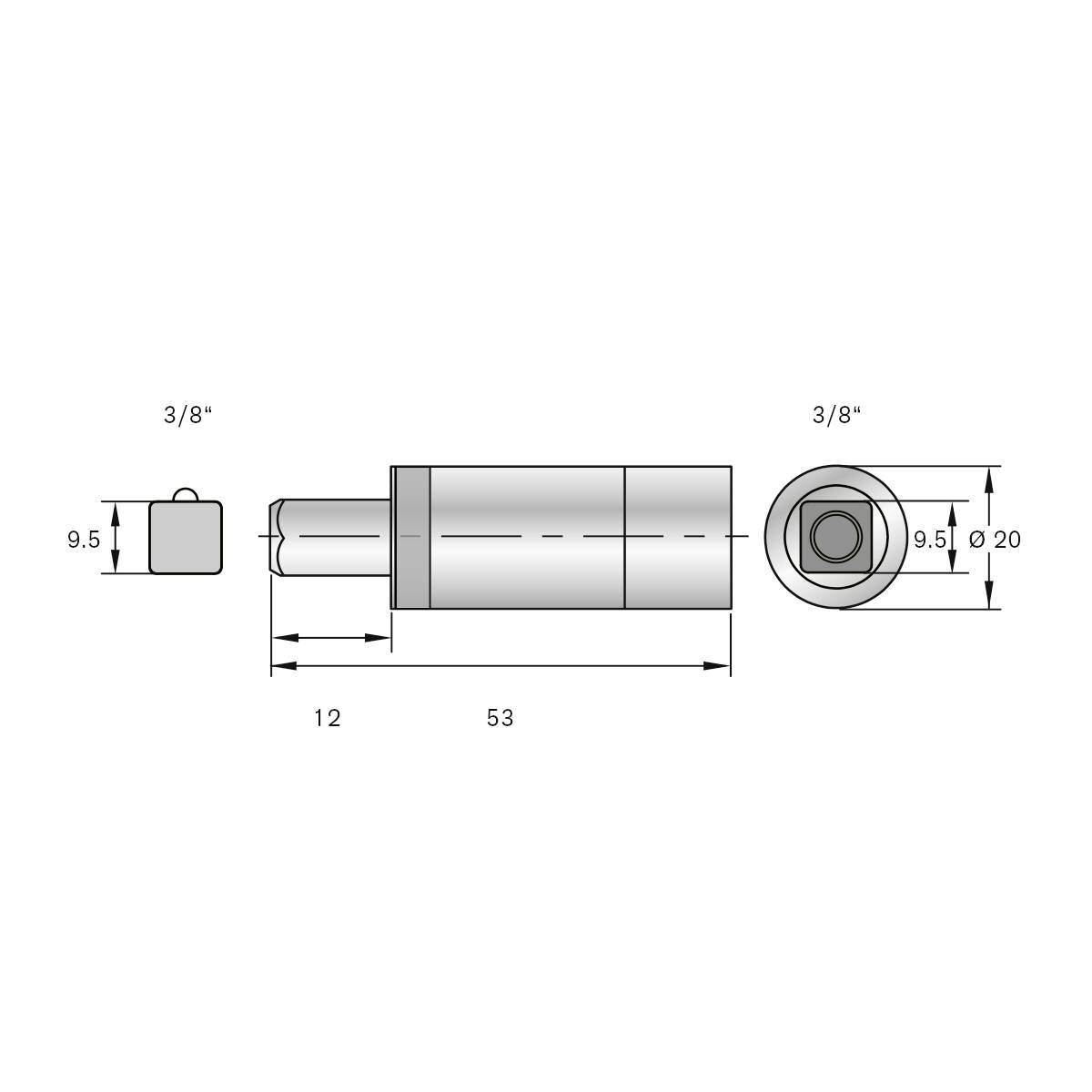 Technische Zeichnung eines zylindrischen Bauteils mit Bemaßungen: Länge 53 mm, Durchmesser 20 mm, einschließlich Anschlüssen.