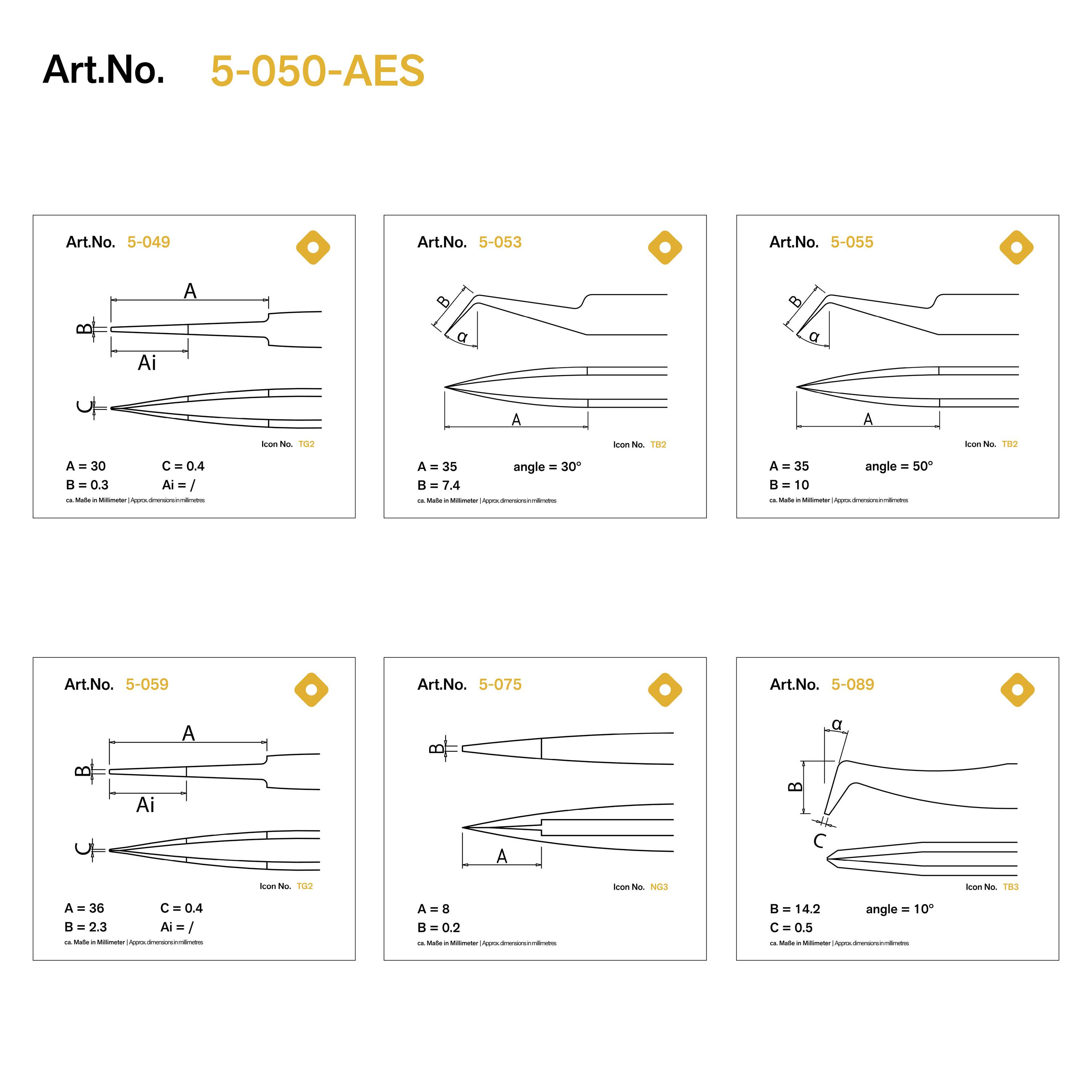 'Zeichnungen von Werkzeugteilen mit spezifischen Abmessungen und Winkeln. Einzelne Diagramme zeigen verschiedene Konfigurationen und Maße.'